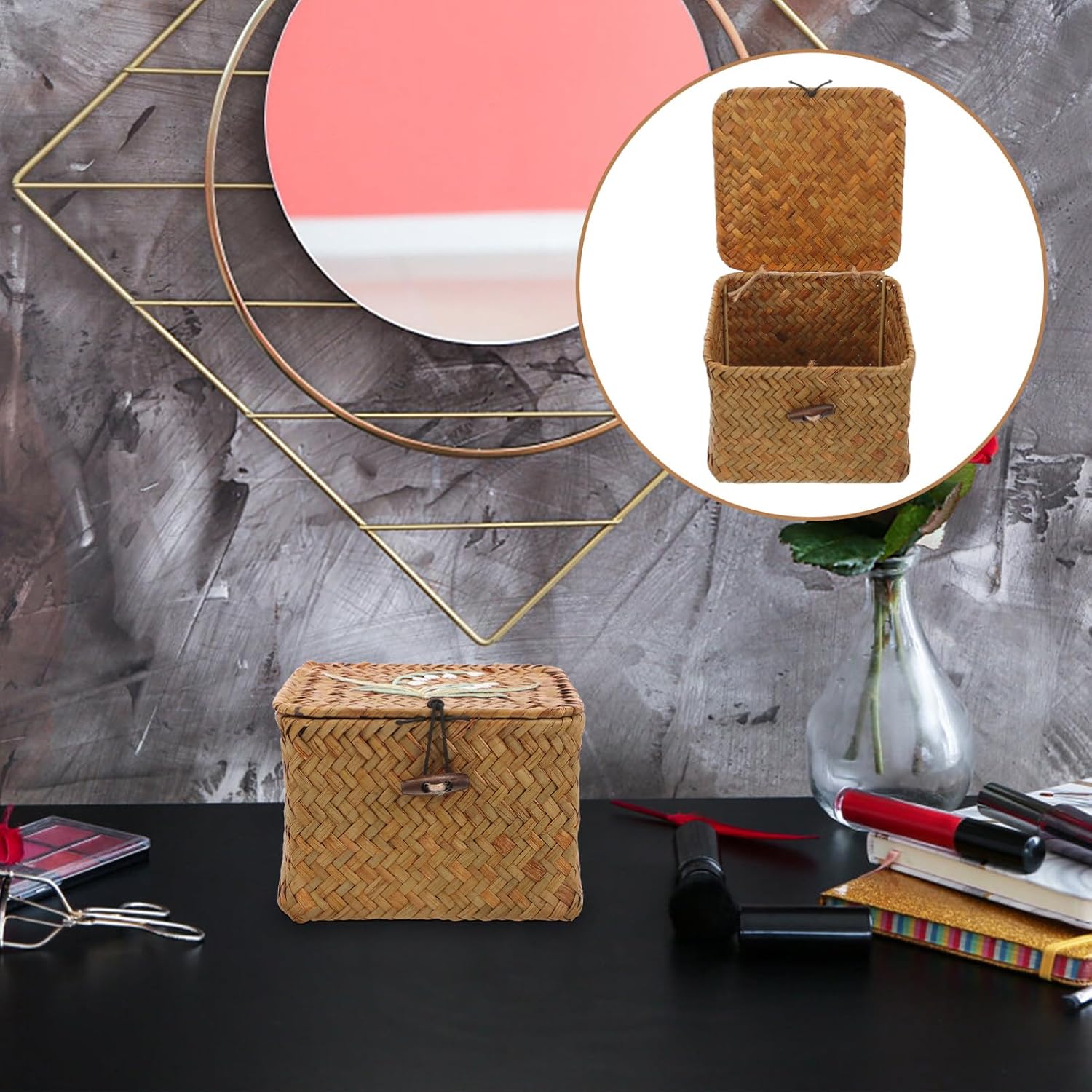 Woven Storage Basket Lid Handwoven Rattan Sewing Basket for Organizing Vintage Floral Design for Home Decor and Desktop Storage