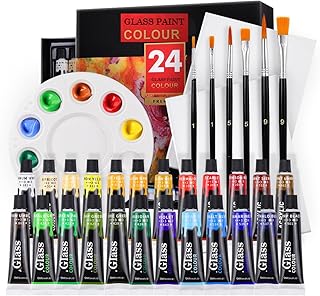 24 Colors Stained glass paint with 6 Brushes and 1 Palette, Waterproof Acrylic paint for windows glass, Glass Color Paint for Wine Bottle, Light Bulbs and Ceramic