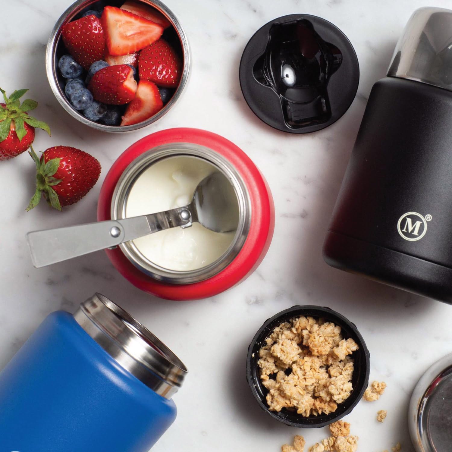 Minimal Stainless Steel Vacuum Insulated Food Jar and Flask Set (Blue, 750ml)