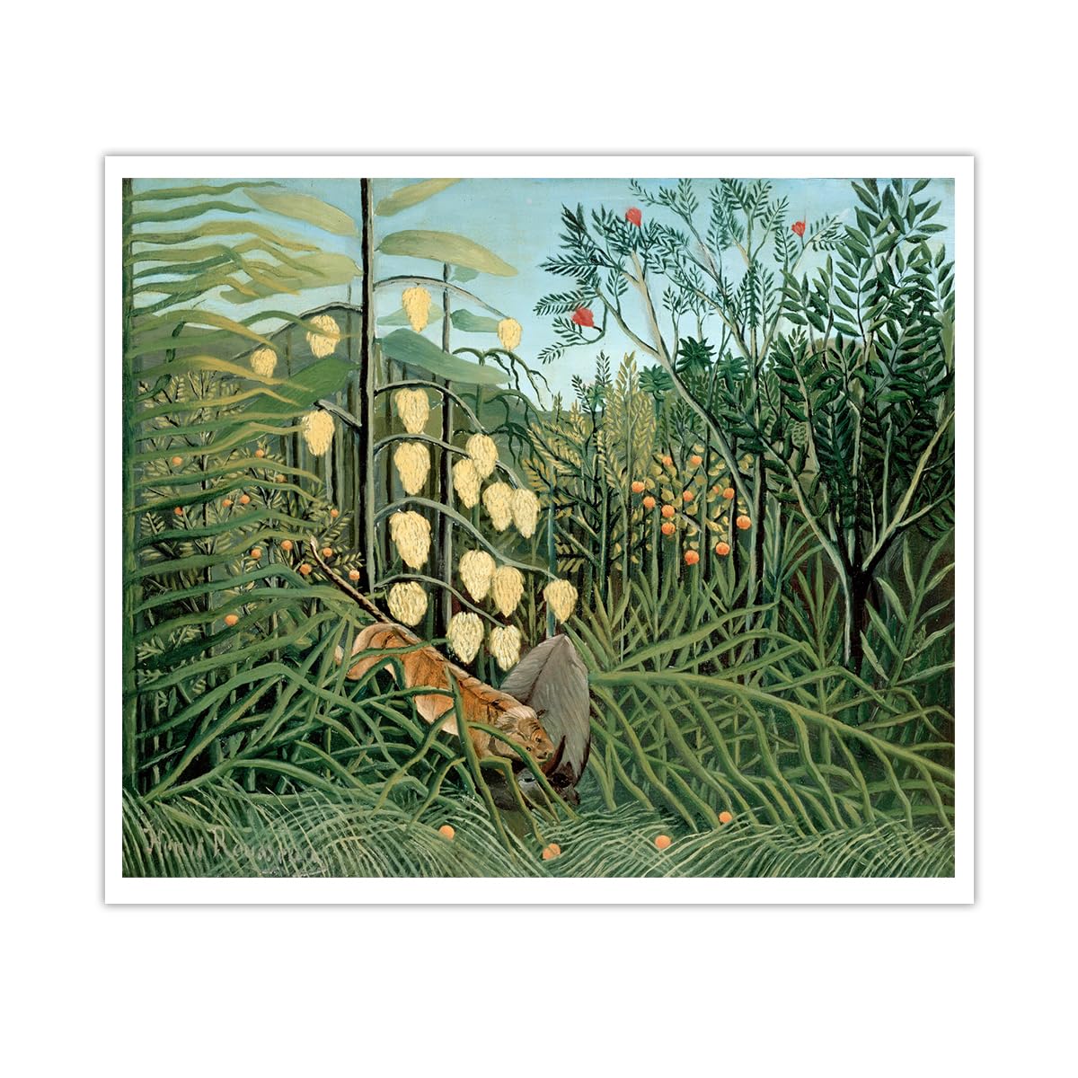 SHENGPOSTER Combat of a Tiger and a Buffalo by Rousseau Canvas Prints Botanical Rainforest Wall Artwork Exotic Wall Decoration Poster for Bedroom Frameless 85x110cm