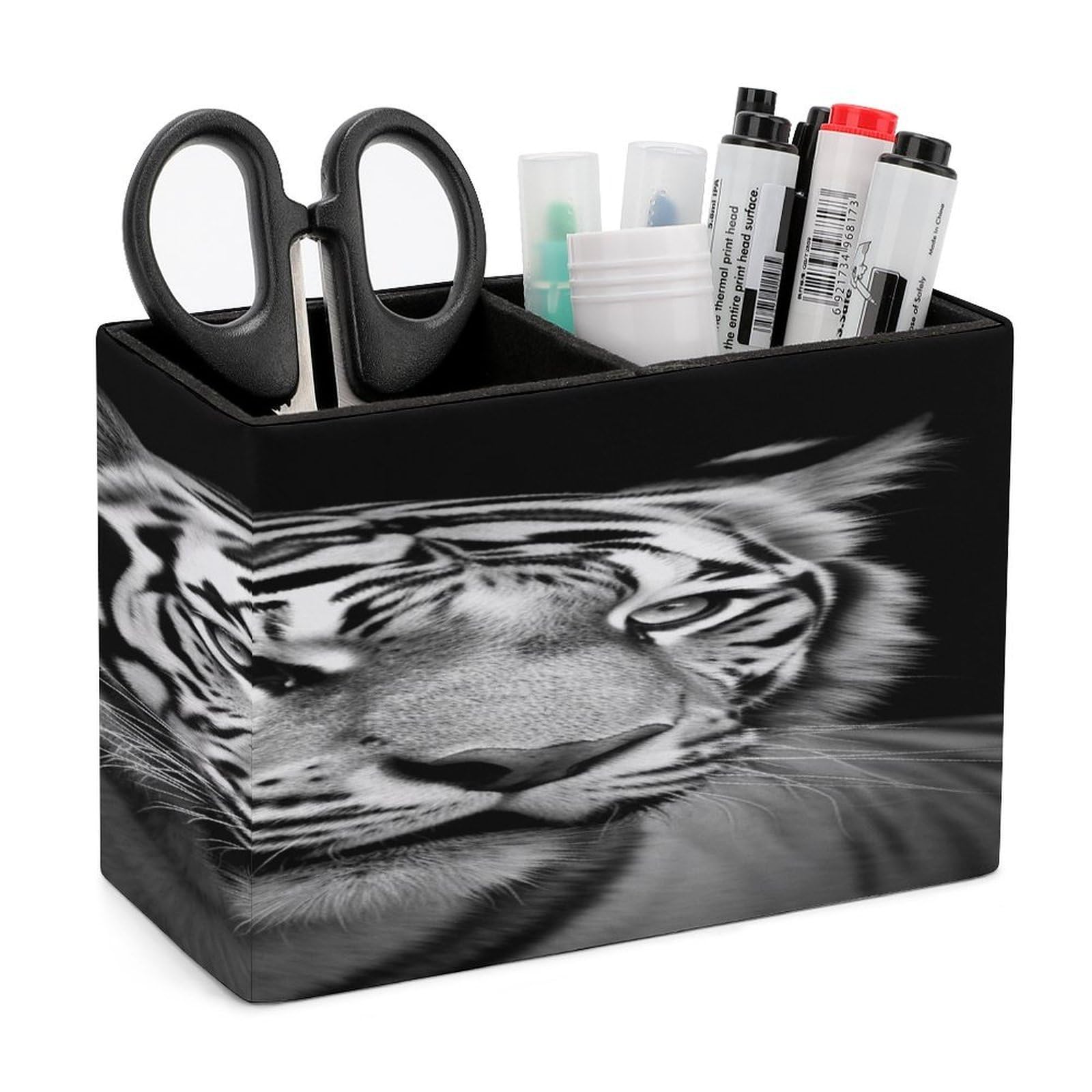 VstaDank Black And White Tiger Pen Holder Double Compartments Pen Cup Fashion Makeup Brush Holders Leather Pencil Holder for Work Locker Accessories Modern Pencil Cup for Desk Organizer