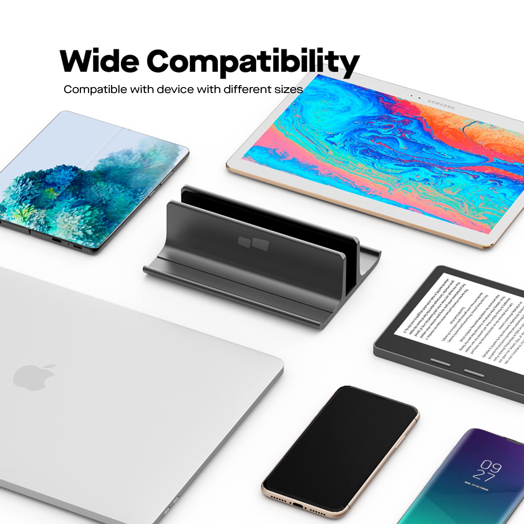 MP Mobile Pixels - Supporto verticale per laptop 3 in 1, supporto regolabile in alluminio da tavolo per smartphone, tablet, laptop, libri (nero)