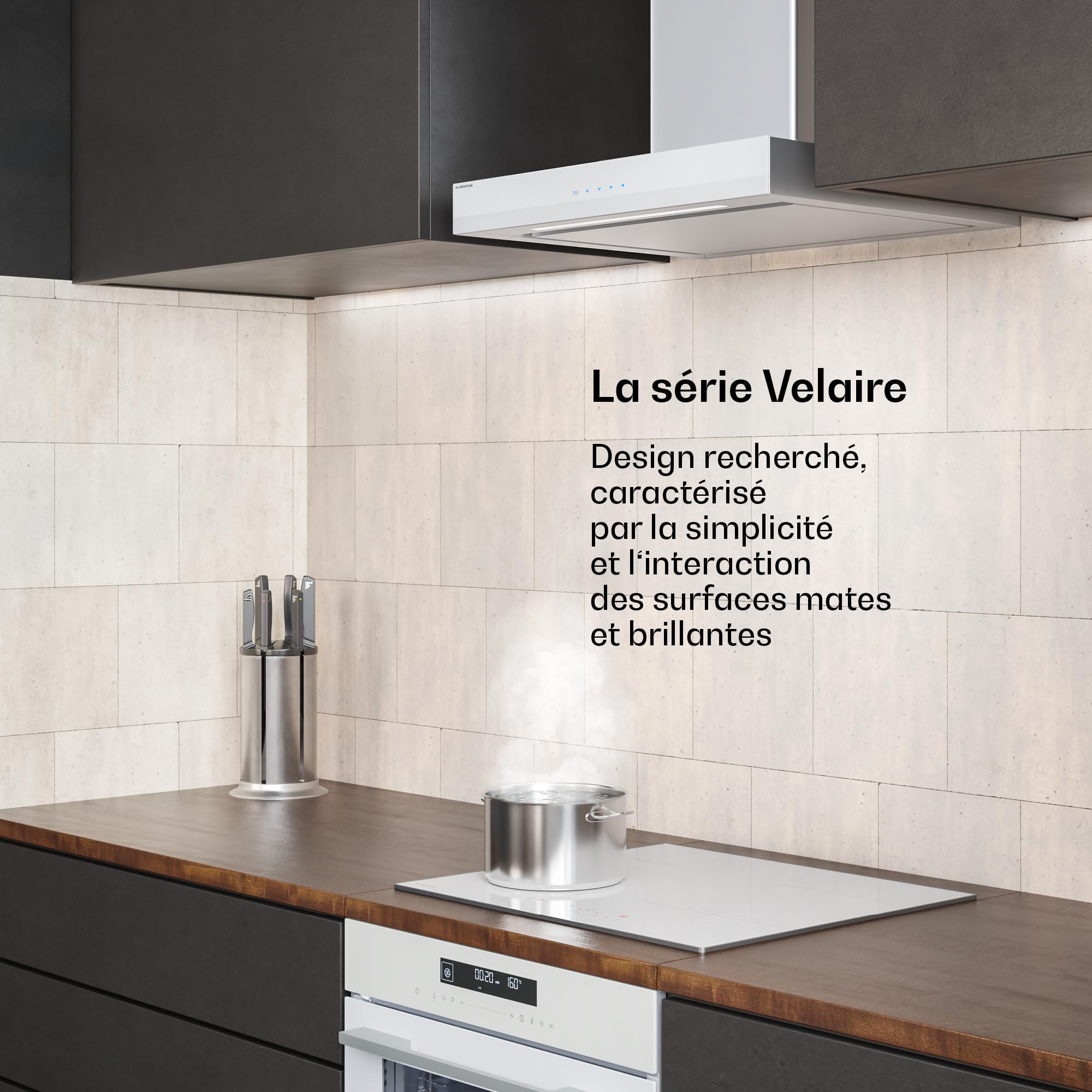 Klarstein Velaire Hotte Aspirante 60 cm - Hotte Murale Silencieuse, 600 m³/h, A++, Commandes Tactiles, LED, Filtre Charbon, 3 Vitesses, Cuisine Moderne, Blanc