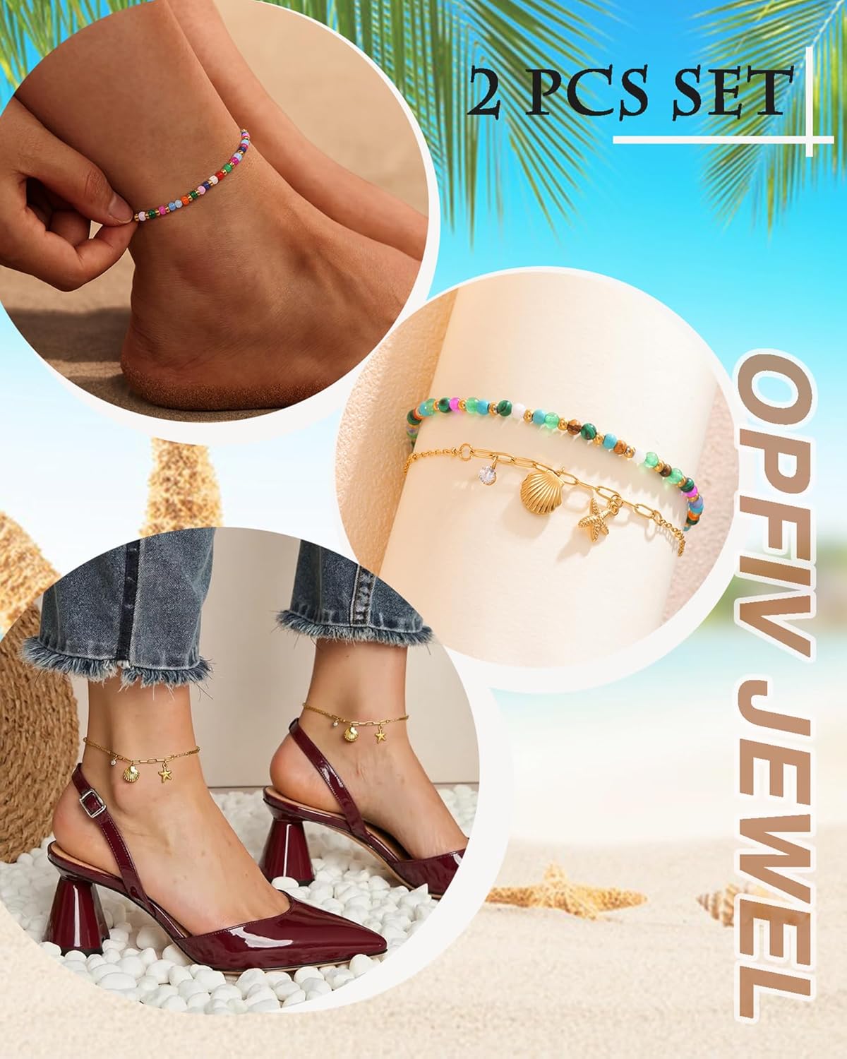 2/3 PCS Gold Anklets for Women Waterproof Boho Starfish, Seashell, Heart & Butterfly Charms Ankle Bracelets Non Tarnish Adjustable Layered Cuban Beaded Foot Chain Beach Jewelry for Summer Vacations - Image 4