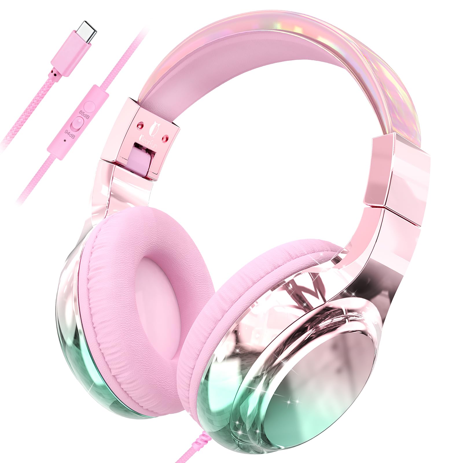 QearFun USB C Kids Headphones Wired with Mic, 85/94dB Safe Volume Limit, Foldable Over Ear, Tangle-Free Cord & Sharing Port, Wired On-Ear Headset for School, Chromebook, Tablet, Travel-Boys & Girls-picture-23