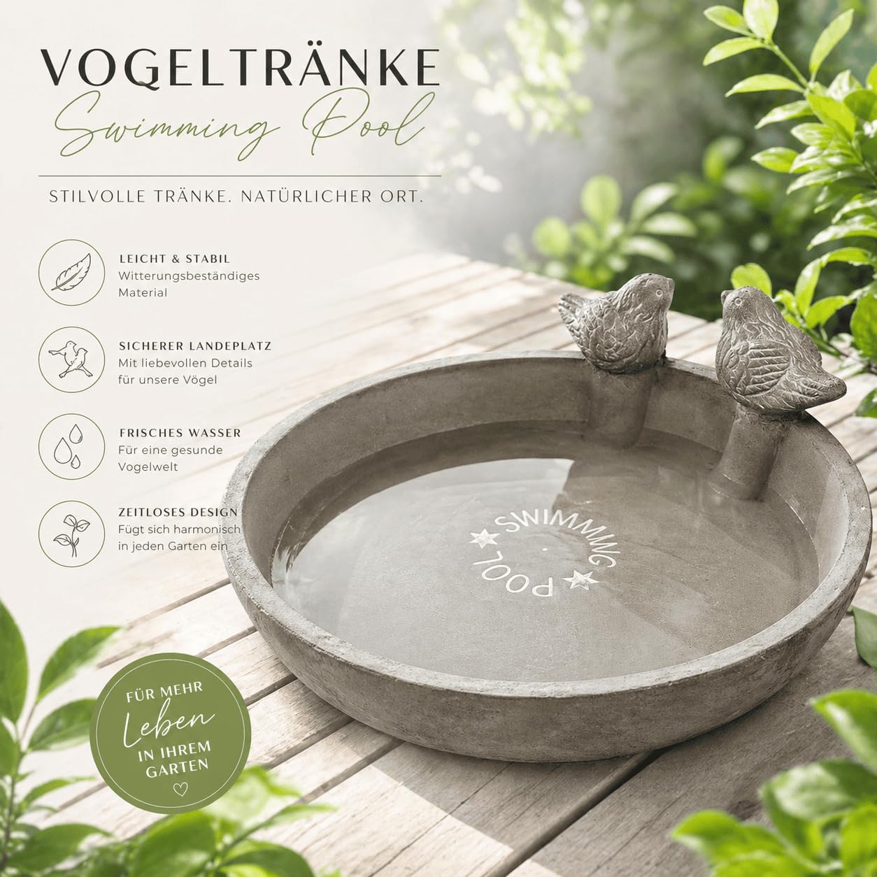 Vogeltränke Vogelbad Gartenvögel Wasserschale Vogeltränke Vogelbecken mit 2 Deko-Vögeln 26 cm rund für Balkon Terrasse Garten Dekoschale Wasserstelle für Wildvögel - 2 Stück