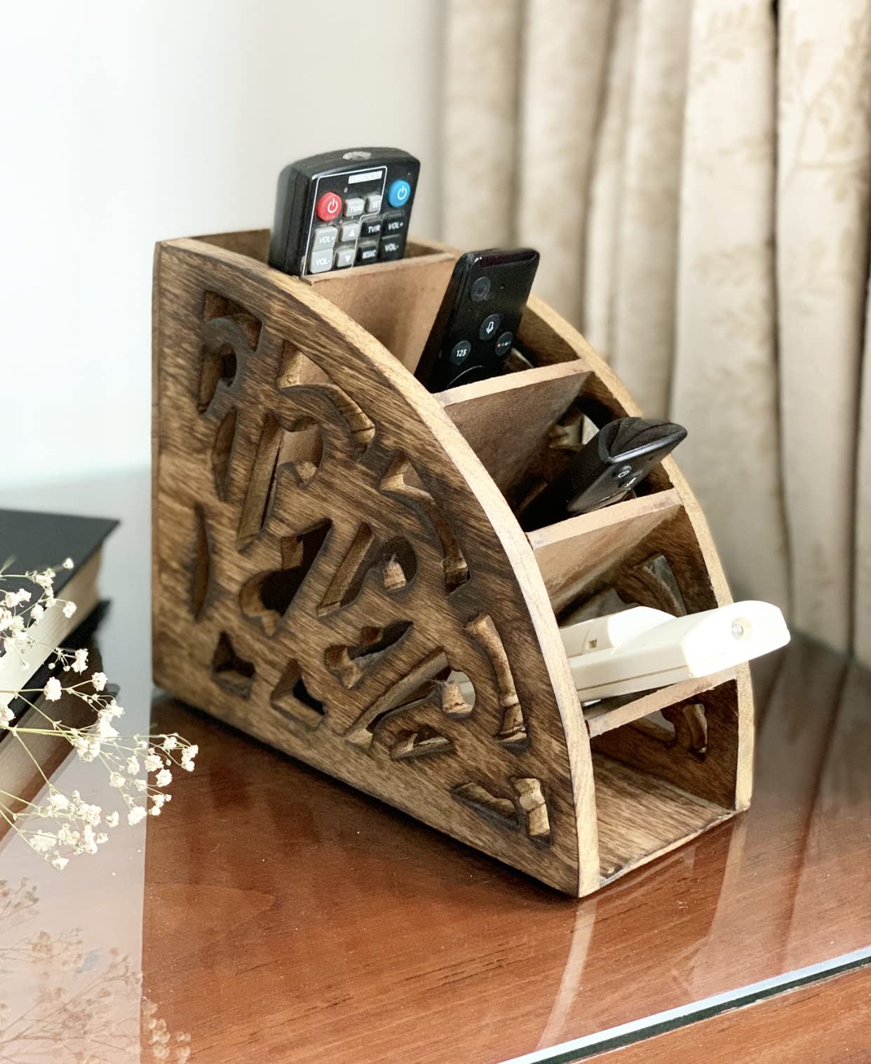 Handcrafted Wooden Remote Control Holder Organizer Stand For Bedside Table Desk Recliner Couch - Space Saving Home Media Organizer - 5 Remote Caddy Rack - Perfect Housewarming Gift Idea