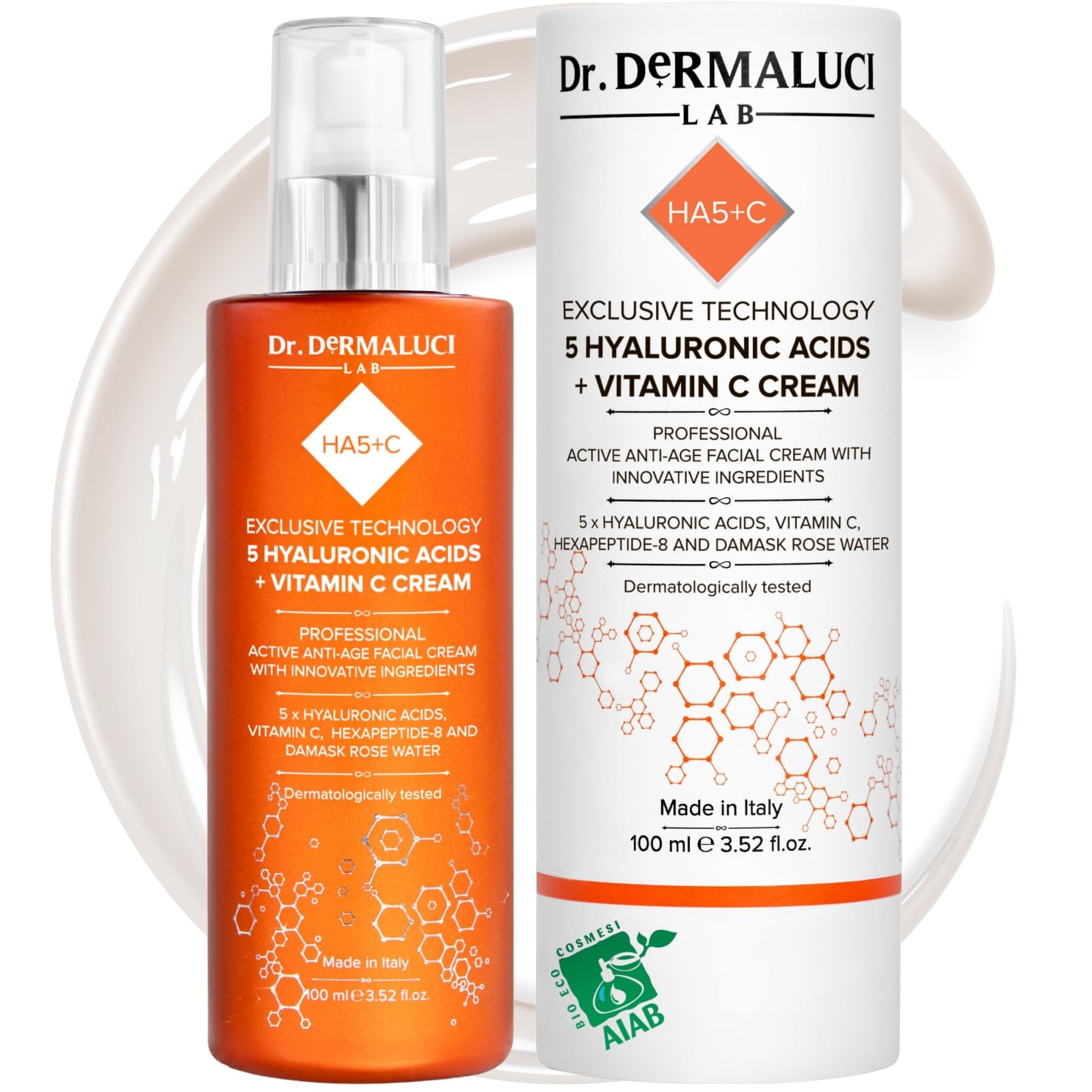 Dr. Dermaluci Lab Crema Facial Hidratante 100ml BIO - Antiarrugas, Reafirmante, Iluminador - Con 5 Acidos Hialuronicos, Vitamina C, Hexapeptido y Rosa - AIAB, Probado al Niquel, Made in Italy