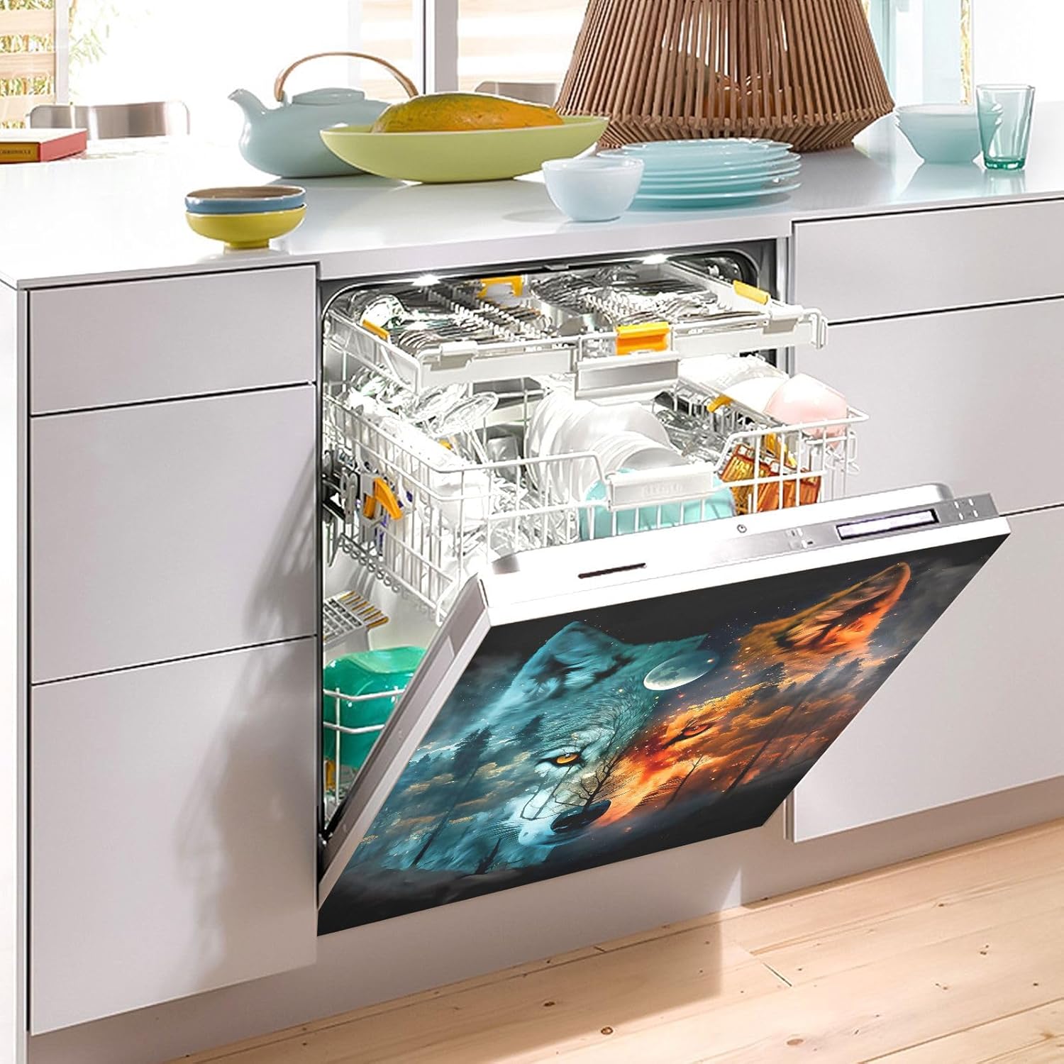 Vnurnrn Wolf Forest Night Dishwasher Magnet Cover, Dish Washer Cover for Kitchen Decor, Easily Trimmable Dishwasher Sticker Refrigerator Magnetic Cover 23×26 in