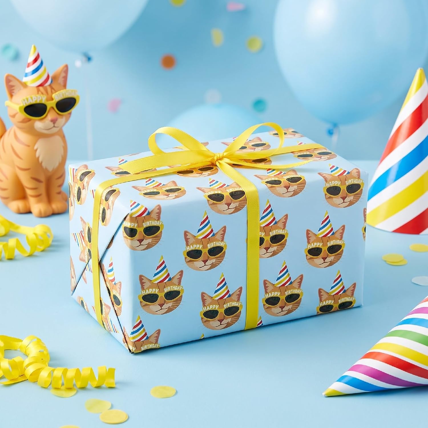 RUSPEPA Cat Birthday Wrapping Paper Roll, Mini Roll, Cute Cat with Sunglasses & Party Hat Design Blue Gift Wrap Paper for Boys, Kids, Pet Lovers, Birthday Party, Baby Shower, 17 Inches x 9.8 Feet image 3
