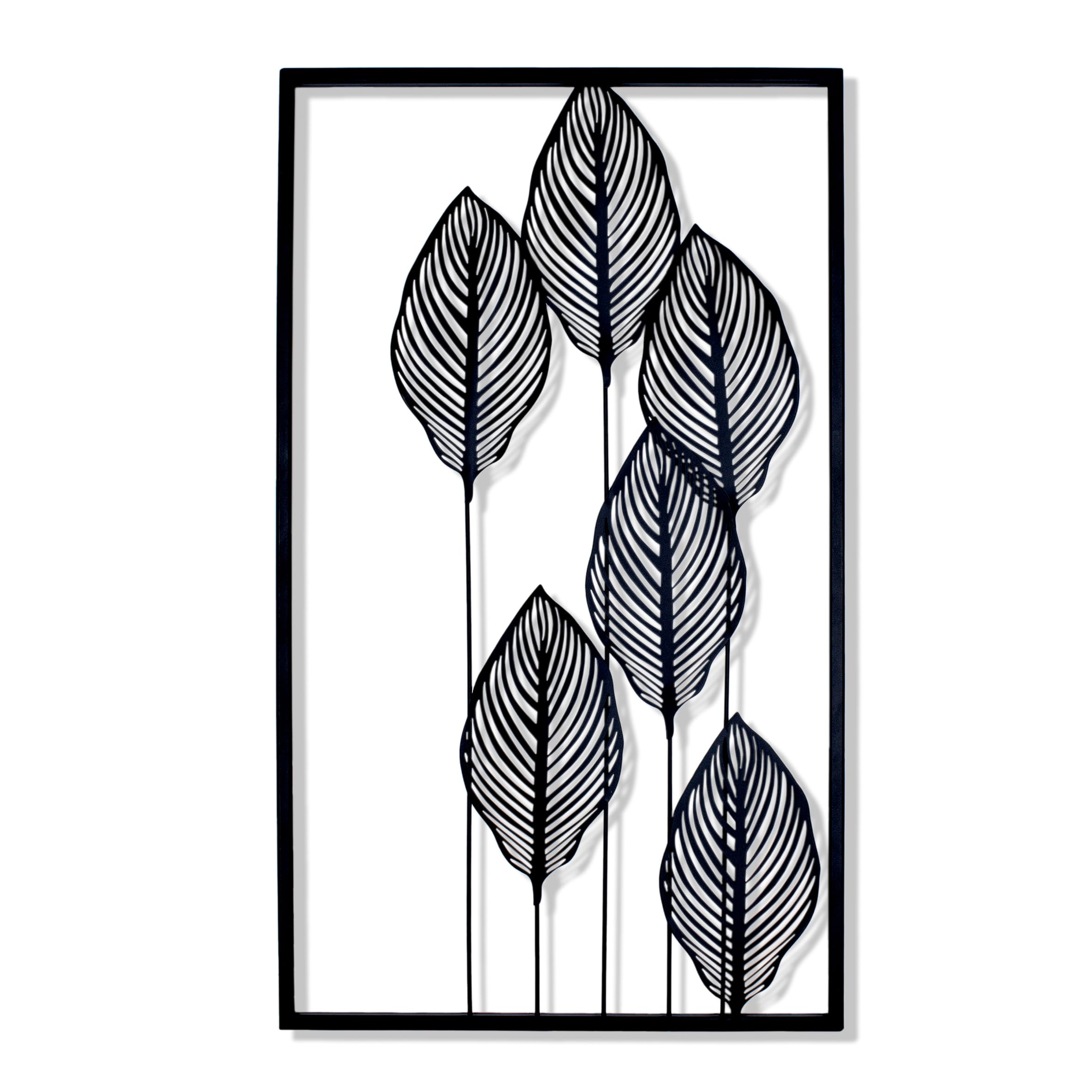 Décor Mural Abstrait Métal - 4 Panneaux Fleurs Lignes Modernes - Noir 30x50 Cm - Art Murale Minimaliste