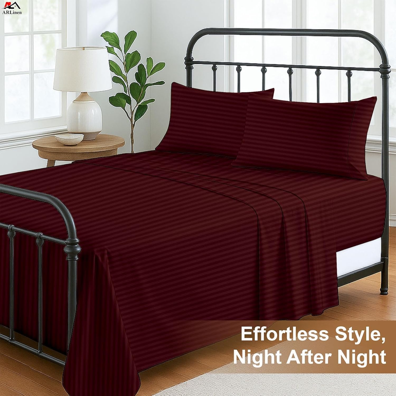 ARlinen Premium Cotton RV Sheet Set - Burgundy Stripe Camper King Size (70" x 80"), Motorhome & Travel Trailer Fitted Sheets for 8-10 Inch Deep Mattress, Soft & Breathable Bedding for RV Beds