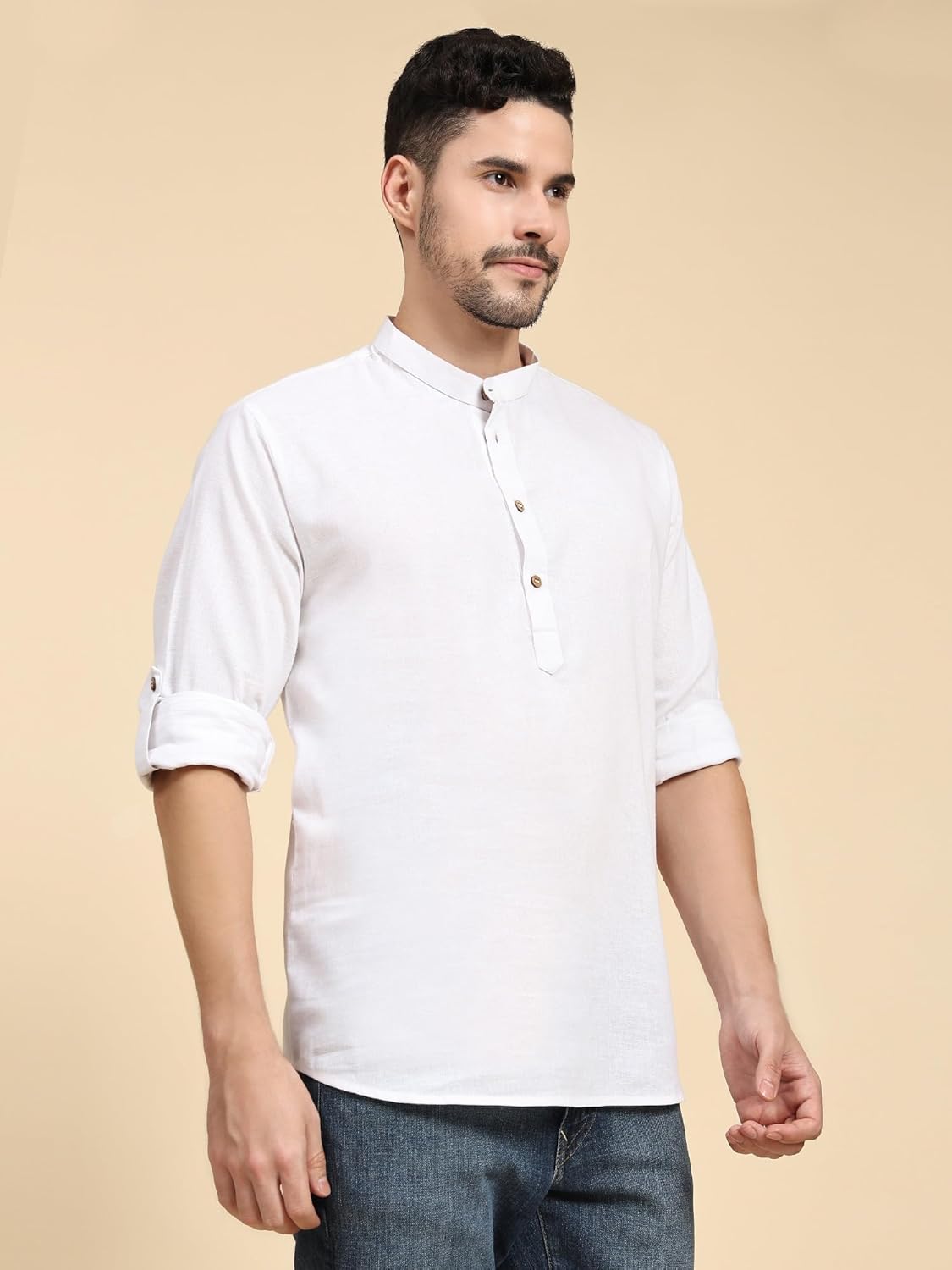 SKAVIJ Men’s Cotton Linen Kurta Shirt – Long Sleeve Henley with Mandarin Collar Roll-Up Sleeves Casual Ethnic Tunic Top - Image 4