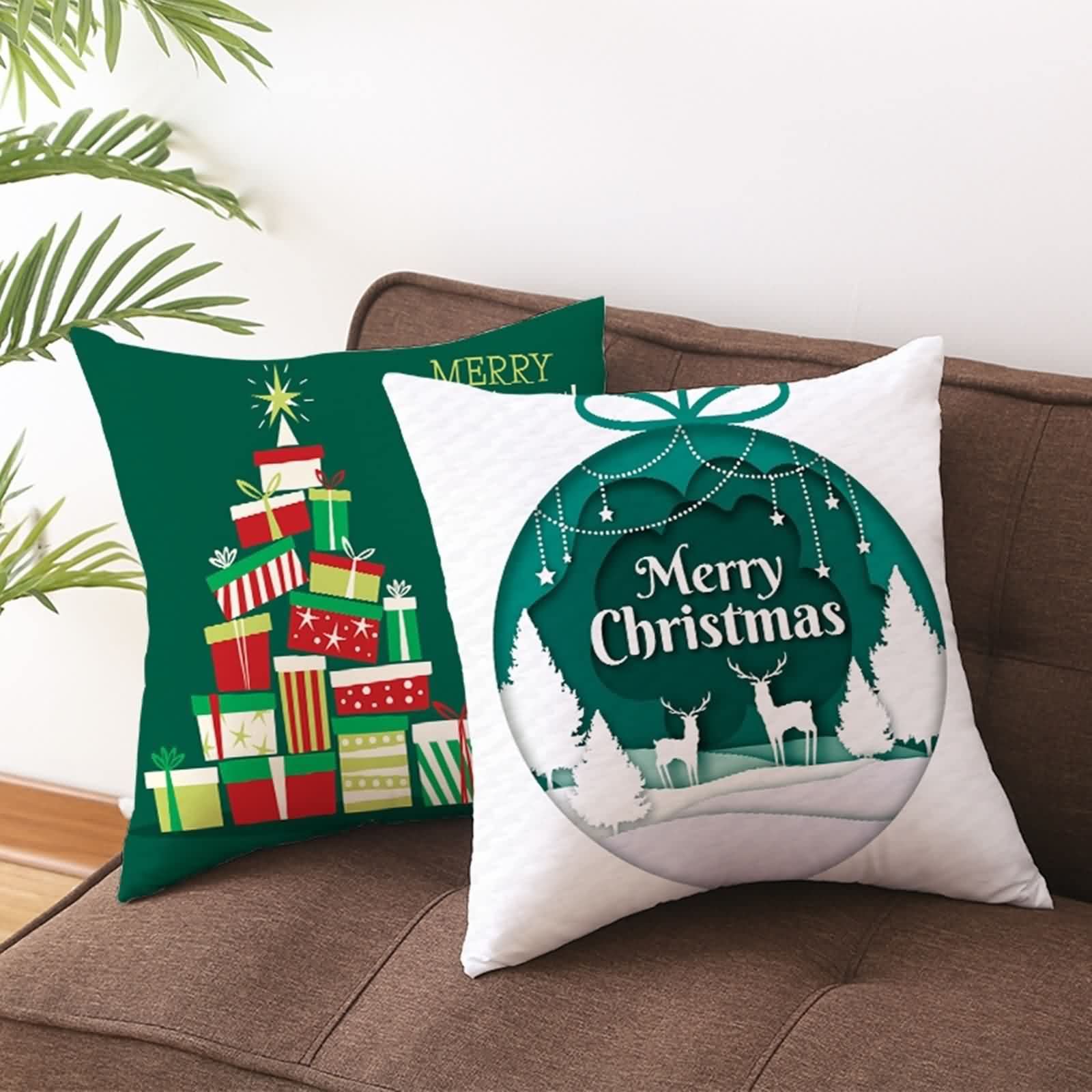 AmDxD Juego de 5 fundas de almohada de 50 x 50 cm, diseño de decoración navideña, fundas de almohada en poliéster, funda de cojín cuadrada, cómoda para sofá, dormitorio, salón, decoración beige,