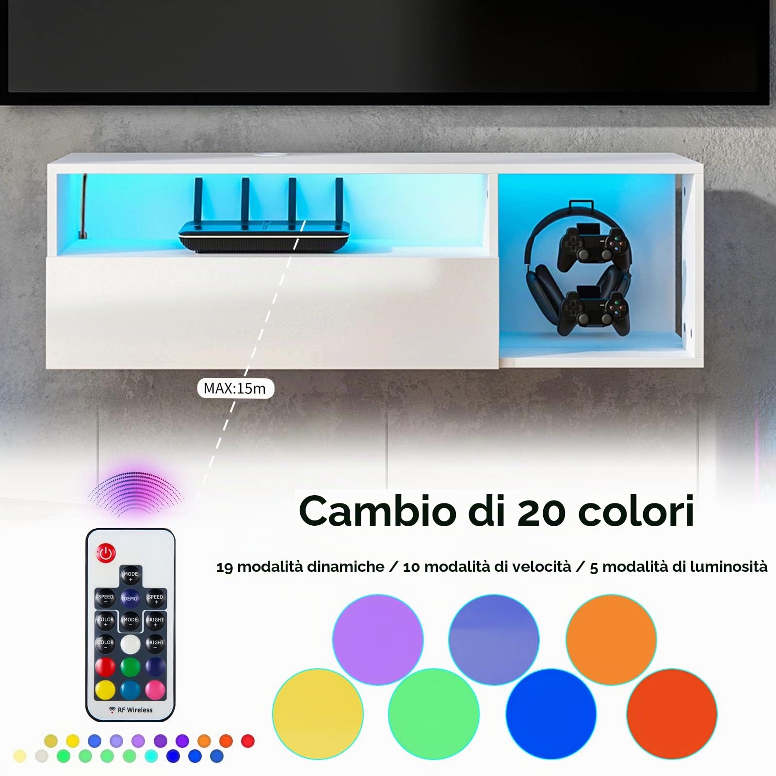 SogesHome Panchine per TV e lowboard mobili per TV e fonombo, supporto da parete con 3 ripiani, mobile da parete con luci a LED, moderno centro di intrattenimento, console multimediale da tavolo