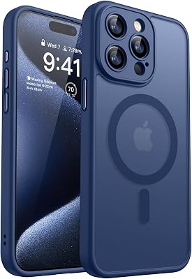 CANSHN Cover Magnetica per iPhone 15 Pro Max, Compatibile con MagSafe, [Protezione Completa Della Fotocamera], Custodia Traslucida Opaca Protettiva Sottile Antiurto 6,7 Pollici – Blu Profondo