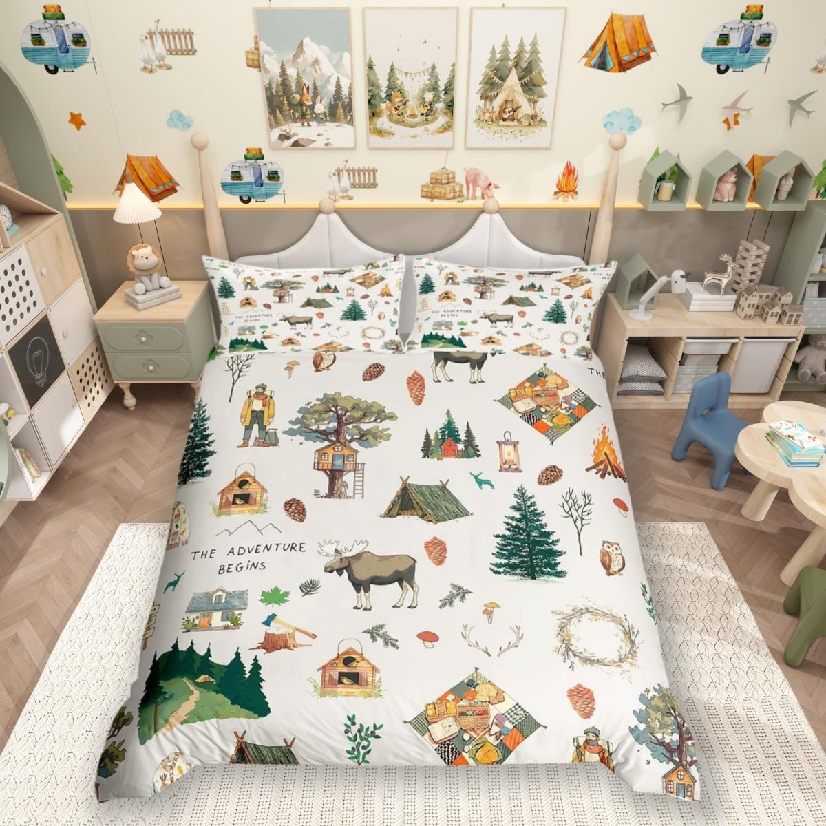 feelingyou Cartoon Camper Super King Size Jungle Adventure Travel Bedding Set Wild Elk Animals Mountain Trees Quilt Cover Set for Kids Boys Teens Men Bedroom Decor Happy Camping Duvet Cover Set 3pcs