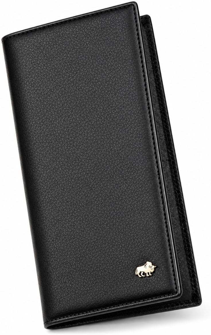 BISON DENIM Long Wallet for Men, RFID Leather Bifold, 12 Card Slots, Black