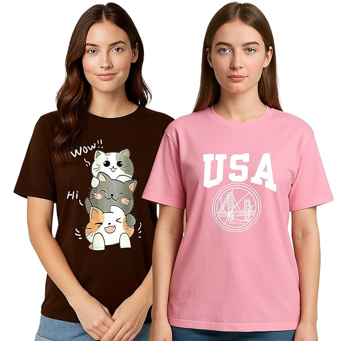 My Swag Womens Graphic T-Shirt Pack of 2, Cotton Casual, Gym, Daily Summer Wear