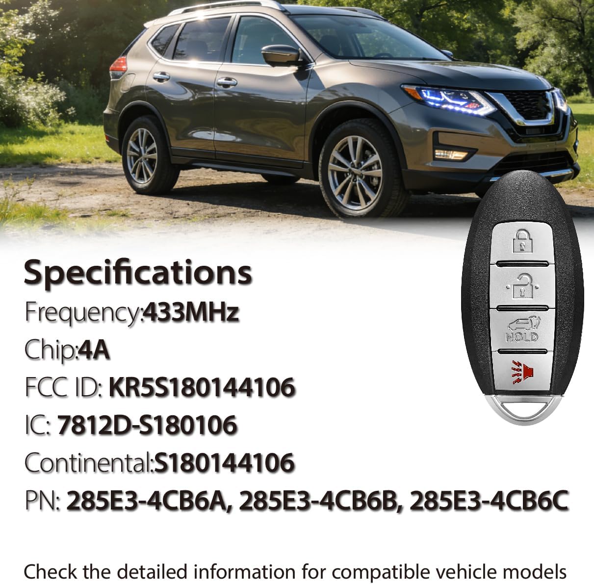 Key Fob Replacement for 2014 2015 2016 Nissan Rogue KR5S180144106 433MHz 4 Buttons (Set of 2)