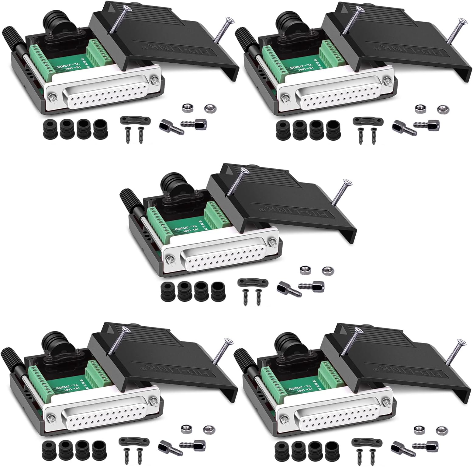 5PCS DB25 Solderless Connector, RS232 D-SUB Serial to 25-pin Port 16mm Thinner Terminal Female Adapter Breakout Board with Case Long Bolts Nuts