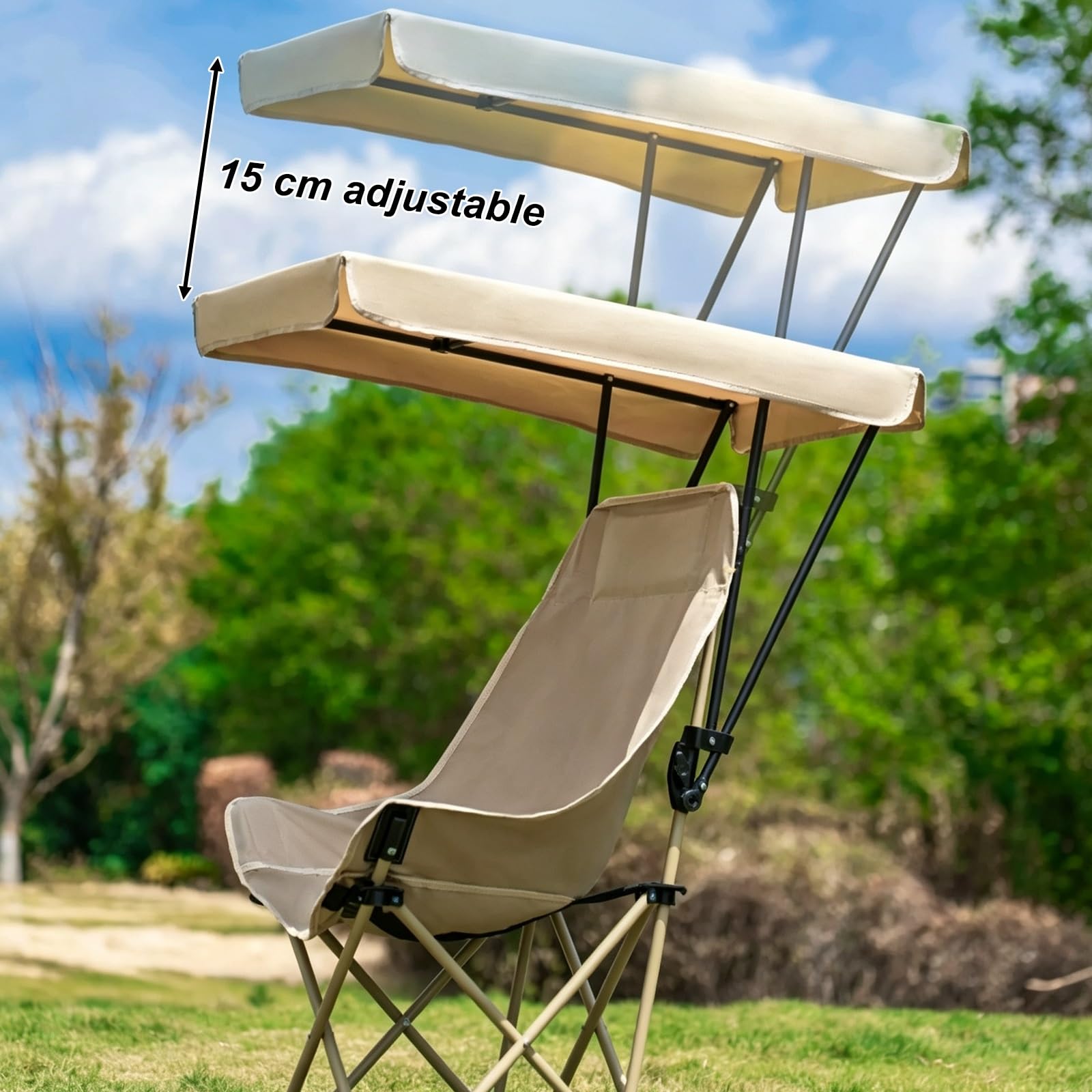 Przenośne Składane Krzesło, Ergonomiczne Krzesło Kempingowe z Daszkiem, 45°, Tkanina Oxford 600D, 6-poziomowy, Wytrzymały Stelaż ze Stali Węglowej, Zdejmowana Konstrukcja