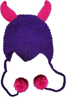 BIBITIME Funny Handmade Knitted Horn Beanie Hanging Pom Ball Earmuff Hat Cap (One Size for Adult, Purple)