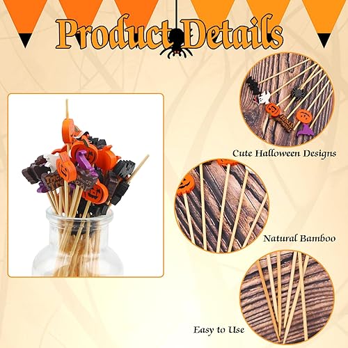 Miniatura 3 de 140 palillos de cóctel de Halloween, palillos de dientes de bambú de calabaza, araña, fantasma, para aperitivos, frutas, alimentos, pasteles,