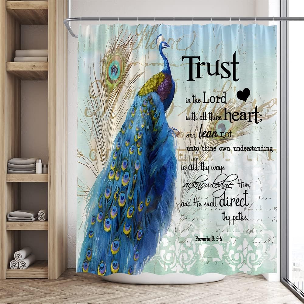 Peacock Shower Curtain Inspirational Quote Trust in The Lord with All Thine Heart Motivational Word Proverb Asian Beautiful Bird Vintage Bathroom Set Fabric with Hooks 90Wx70H Inch