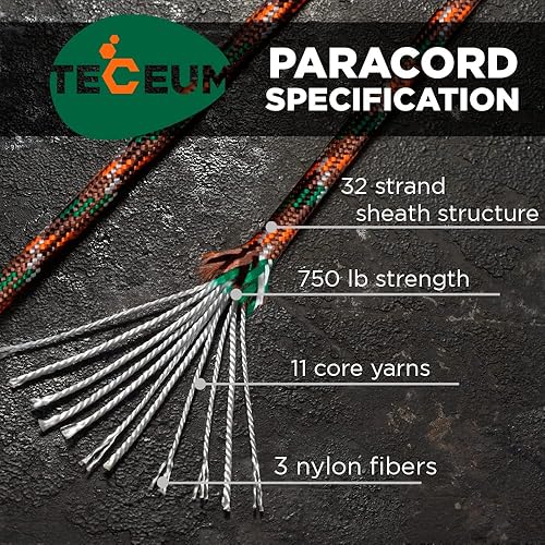 Miniatura 2 de TECEUM Cuerda de paracaídas de 750 libras – 1000 pies / 200 pies / 120 pies / 100 pies / 50 pies – Cuerda de paracaídas para campamento, Camuflaje