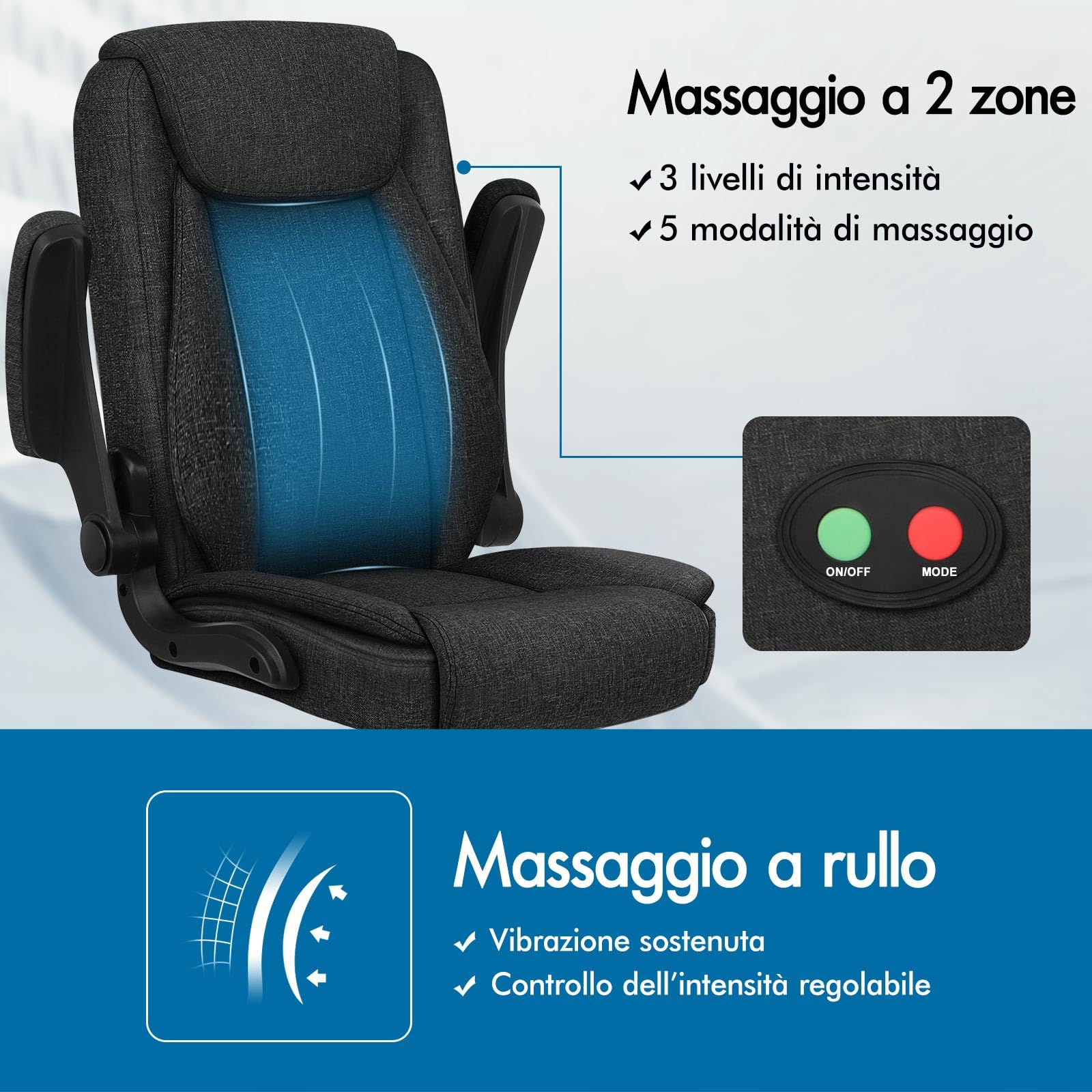 ALFORDSON Sedia Ufficio con Massaggio, Sedia Scrivania Ergonomica con Supporto Lombare, Poltrona Girevole ad Altezza Regolabile per Ufficio e Studio Sala Riunioni, Portante 150 kg, Tessuto(Nera)