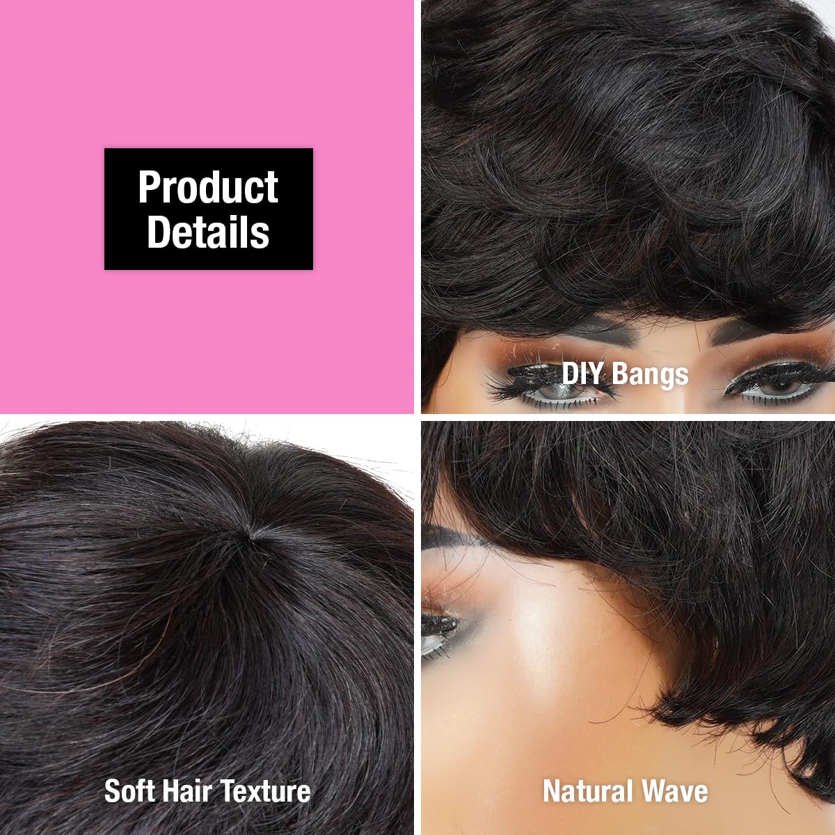 Short Human Hair Wigs Pixie Cut Wigs with Feathered Side Bangs for Black Women Short Cut Pixie Hairstyles Wig Tapered Back Non Lace Front Wigs - Pearl (NATURAL BLACK)