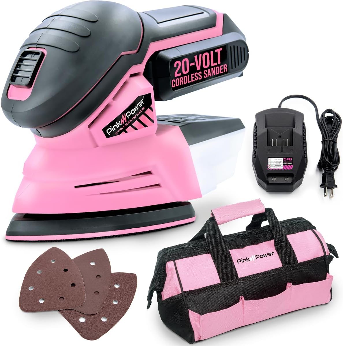 Pink Power Detail Sander for Woodworking 20V Cordless Electric Hand Sander for Wood Furniture - Mini Palm Sander Tool with Sandpaper, Li-Ion Battery & Charger - Small Handheld Sanding Machine
