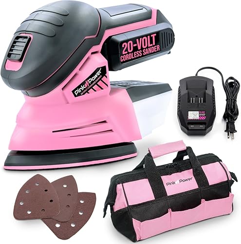 Miniatura 7 de Pink Power Lijadora de detalles para carpintería eléctrica inalámbrica de 20 V para muebles de madera, mini herramienta lijadora de palma con papel