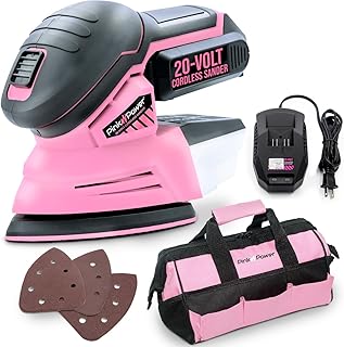 Pink Power Detail Sander for Woodworking 20V Cordless Electric Hand Sander for Wood Furniture - Mini Palm Sander Tool with Sandpaper, Li-Ion Battery & Charger - Small Handheld Sanding Machine