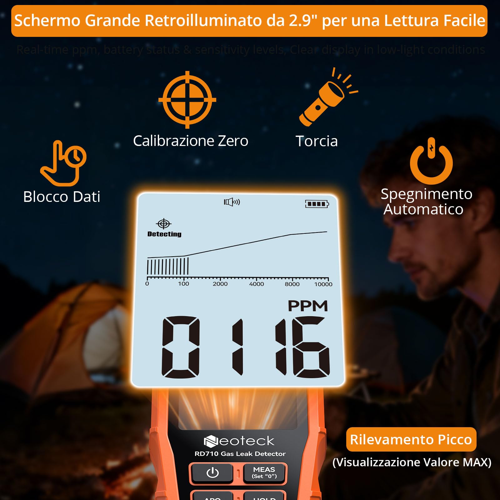 Neoteck Rilevatore di Fughe di Gas Portatile Ricaricabile Detector Gas Metano, GPL e Naturale (0-10000 ppm) con Display LCD 2.9", Allarme Sonoro+Luminoso e Torcia per Casa, Cucina, Officina, Camper