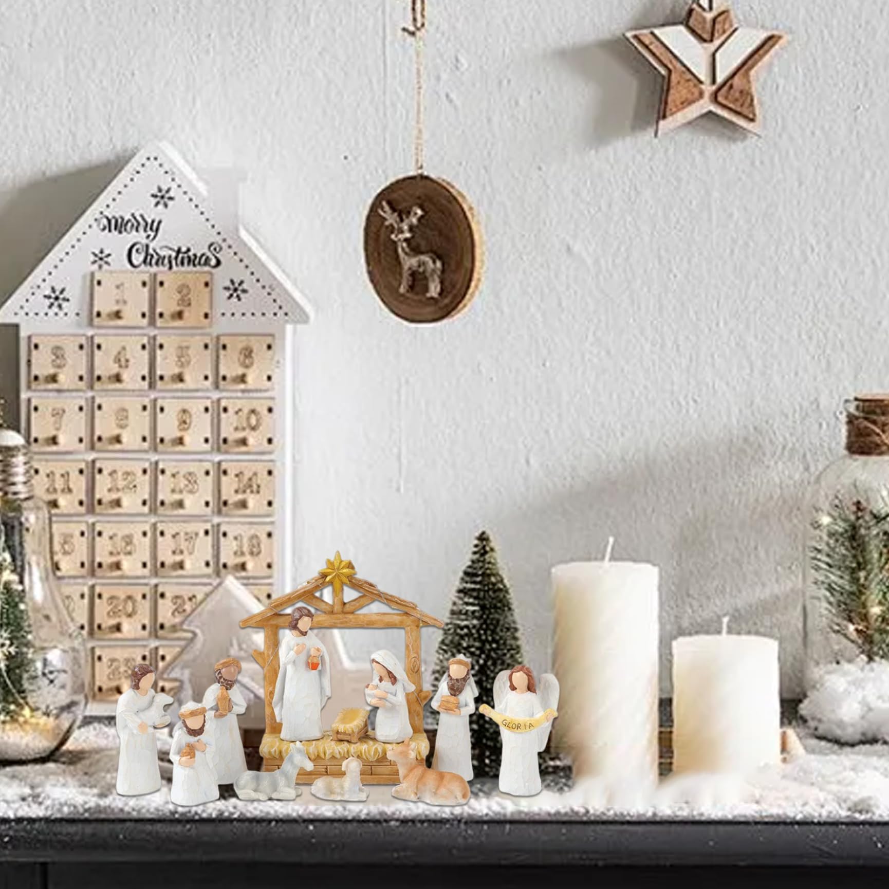 Conjuntos y Figuras de Natividad Juego de 12 Belén de Resina con Luces Navideñas para Decoración Navideña para Niños y Familias Conjuntos Figuras Blancas Juego de Navidad.