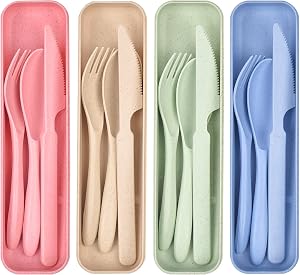 4 Pack Reusable Utensils Set with Case, Spoon Knife Fork Portable Cutlery Set, Eco Friendly Non-Toxin Reusable Travel Utensil Set for Adult Picnic Camping or Birthday