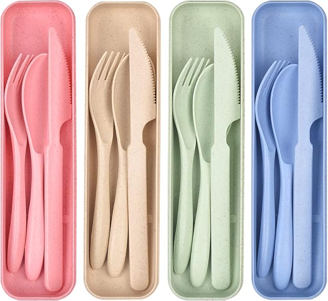 4 Ensemble d'ustensiles réutilisables avec boîtier, ensemble de couverts portatifs à fourche à couteau, ensemble d'Utensile de voyage non réutilisable à toxines écologique pour le camping ou l'anniversaire de pique-nique adulte