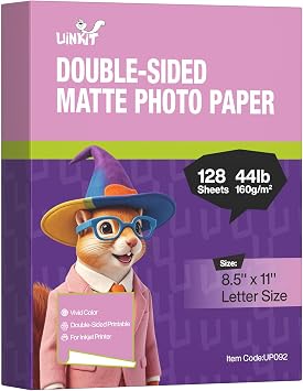 Uinkit Double-Sided Matte Photo Paper, Inkjet & Laser, 8.5x11, 128 Sheets