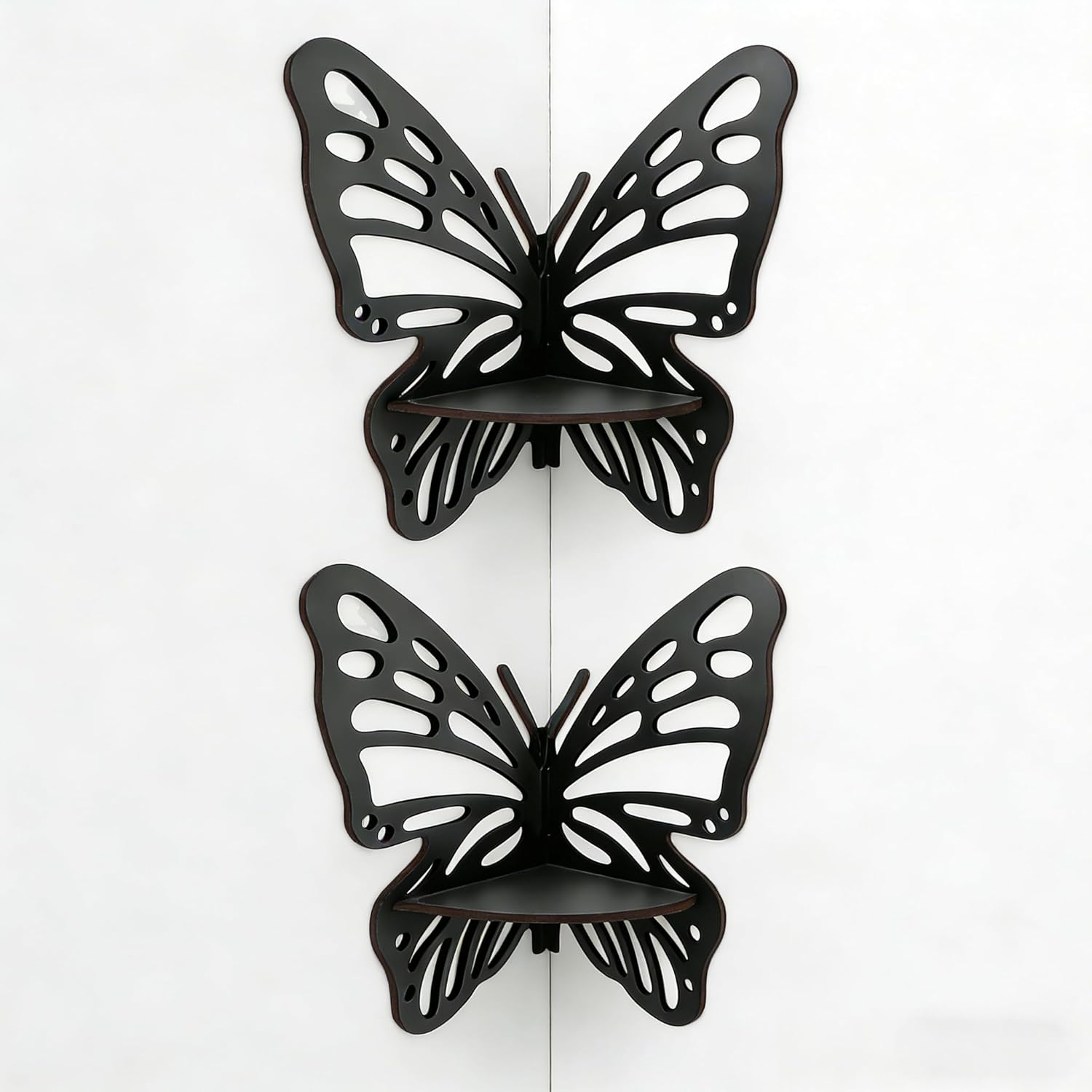 Butterfly Floating Shelves for Wall Corner - Crystal Shelf Display, Boho Witchy Decor Aesthetic for Bedroom, Bathroom, Gift for Women (Rustic Wooden) (White+White)