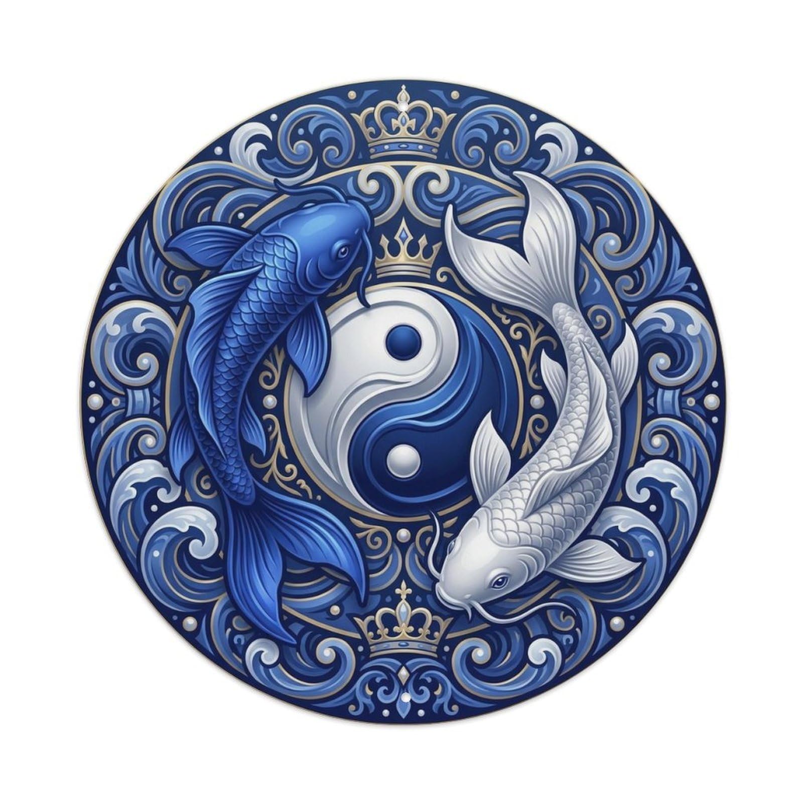 Olyhtr 8X8inch Classic Style Yin Yang Koi Prosperity Ocean Good Luck Motif Metal Tin Sign