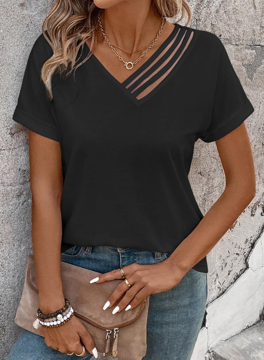 LOLONG Womens Short Sleeve V Neck T Shirts Summer Cut Out Casual Basic Work Tee Tops - Image 3