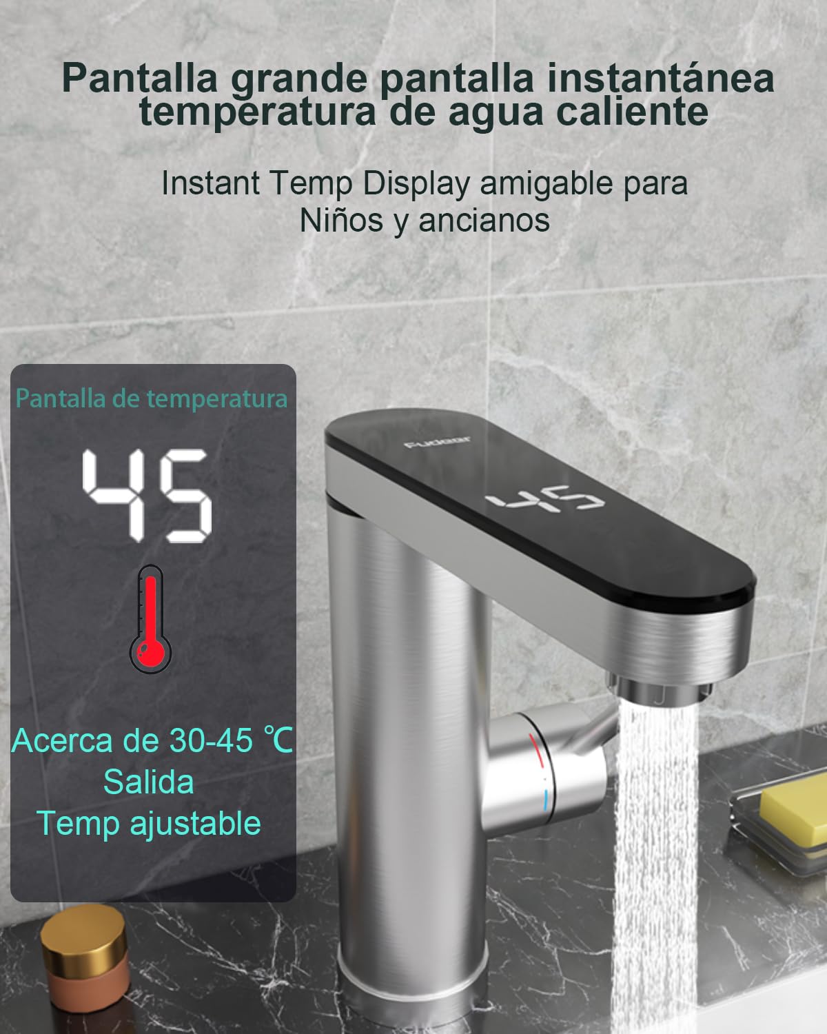 Grifo de agua caliente de acero inoxidable, grifo eléctrico con calentador de paso con indicador de temperatura digital, salida giratoria de 120 grados, armaturas eléctricas baño (salida de pantalla)