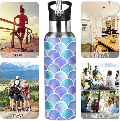 Miniatura 5 de MNSRUU Botella de agua aislada con pajilla, escamas de acuarela arcoíris de sirena de acero inoxidable para deportes, ciclismo, senderismo, escuela