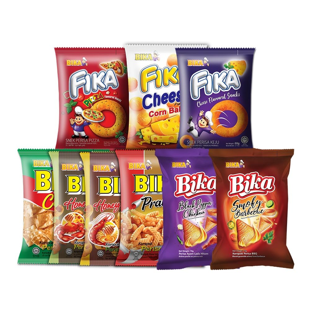 BIKA Snacks Variety Pack - Bika Honey Prawn, Honey Crab, Prawn, Chicken Crackers 60 g each || Fika - Cheese Corn Ball, Cheese Ring, Pizza Ring 60 g each || Bika Black Pepper Chicken, Smoky BBQ 70 g each || Pack of 9 X 1 each