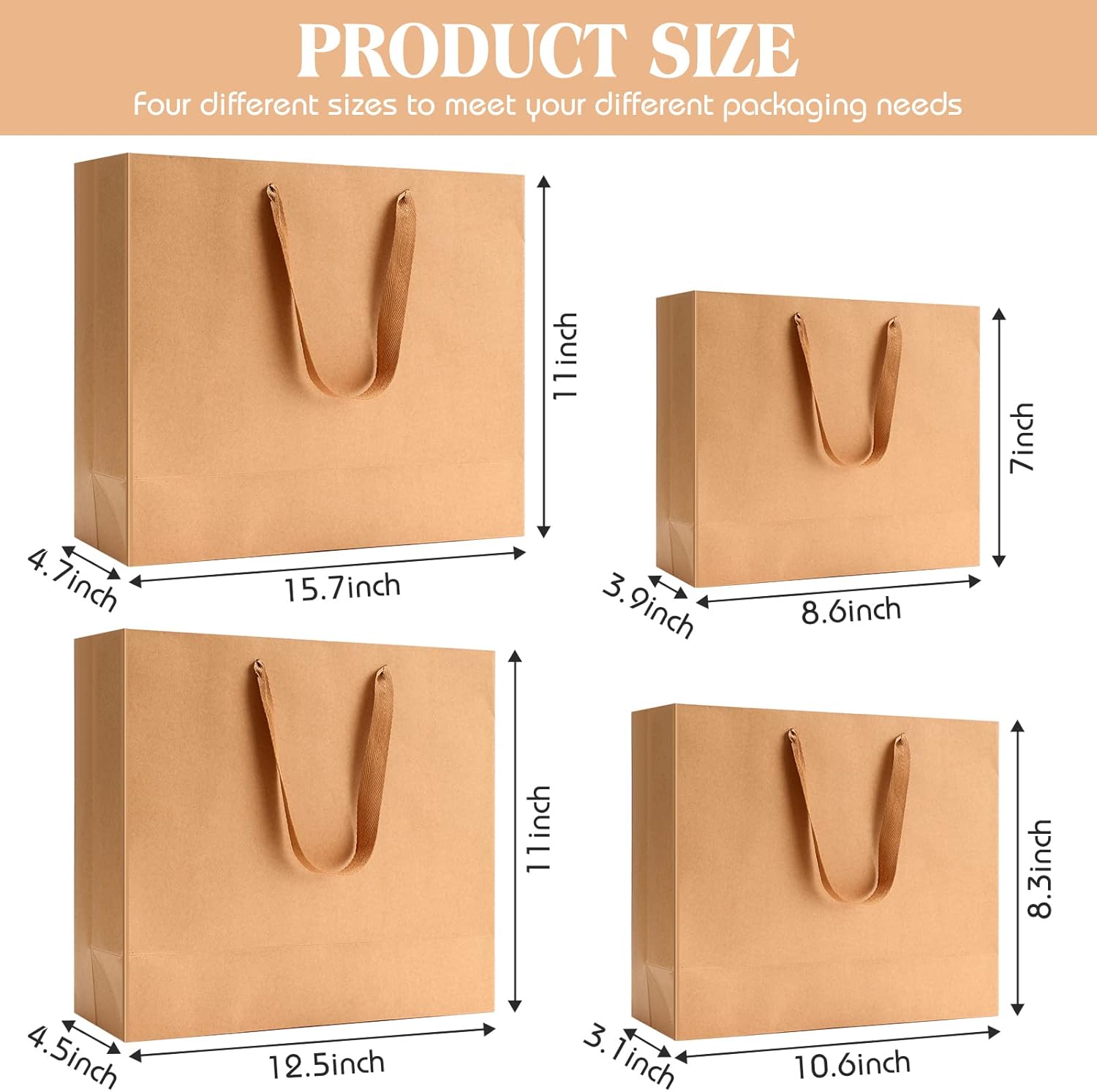 PerKoop 40 Pack Kraft Gift Bags Handled Paper 4 Sizes Goodie Bags with Handles Gift Wrap Recyclable Dessert Shopping Sacks for Birthday Baby Shower Wedding Valentines Day Easter(Horizontal,Brown) - Image 2