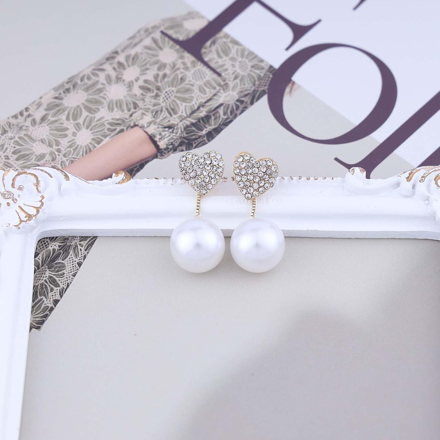 Vintage Crystal Pearl Ear Jacket Earrings Rhinestone Pearl Drop Earrings Gold Cz Heart Stud Earrings Sparkly Crystal Heart Earrings Jewelry for Women - Image 3
