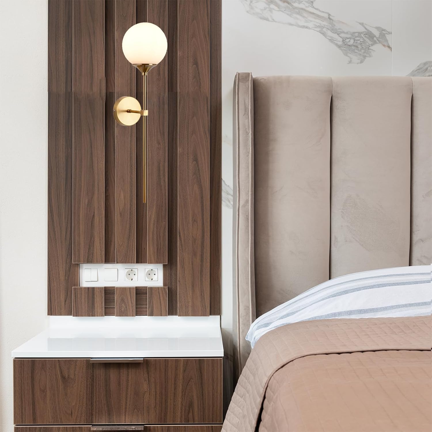 Modern Milk White Glass Ball Indoor Wall Lights Sconces Glass Globe with Gold Brass Finish Wall Lamp Fixtures for Bedroom Bedside(Milk White)