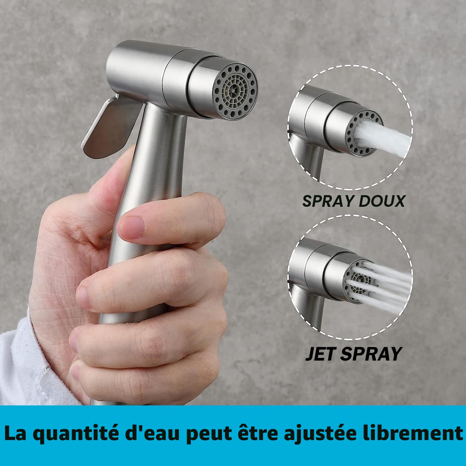 Ensemble de douchette de bidet, double fonction, en acier inoxydable brossé, avec valve en T G1/2" et adaptateur G3/8", pour douche, salle de bain, hygiène, nettoyage des couches